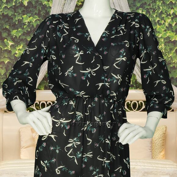 Vintage JT Dress Black Grey Floral Print Dress M - Picture 6 of 8